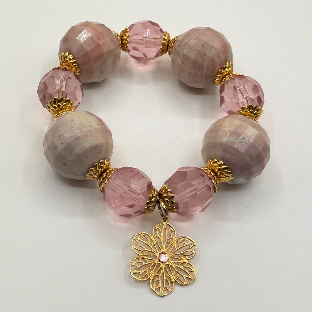 Pink Faceted Beaded Stretch Bracelet Gold Tone Flower Charm Coquette Statement